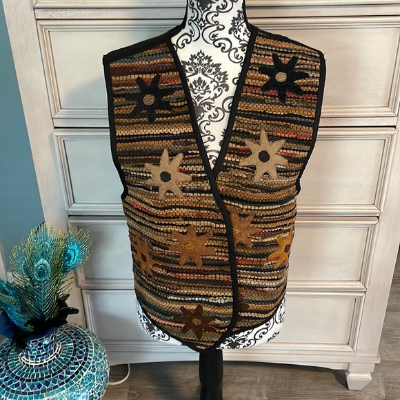 Boho Leather Vest Womens Size M Starburst Colorful Striped by AJ Open - Picture 1 of 6